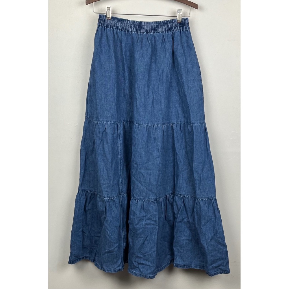 Lucy & Yak Tiered Maxi Skirt S Blue Boho Earty Lagenlook Organic Cotton Hemp